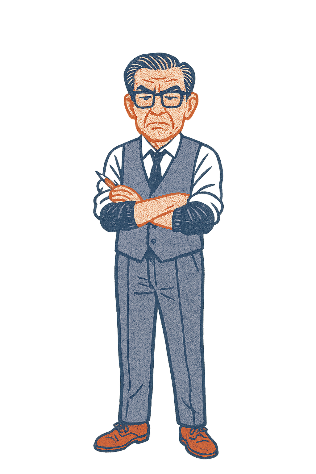 腕組みして赤鉛筆を持つ編集長・黒岩誠の立ち絵（イラスト）